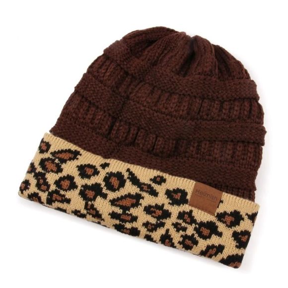 Riah Fashion Beanie Brown With Leopard Print Knit NWT One Size Warm Cozy - Picture 1 of 4